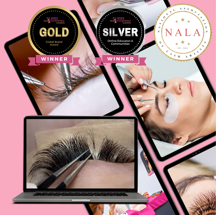 A captivating photo showcasing a woman's glamorous eyelashes as she browses through the Lash Retention Online Course by Lash Tribe on her laptop.
