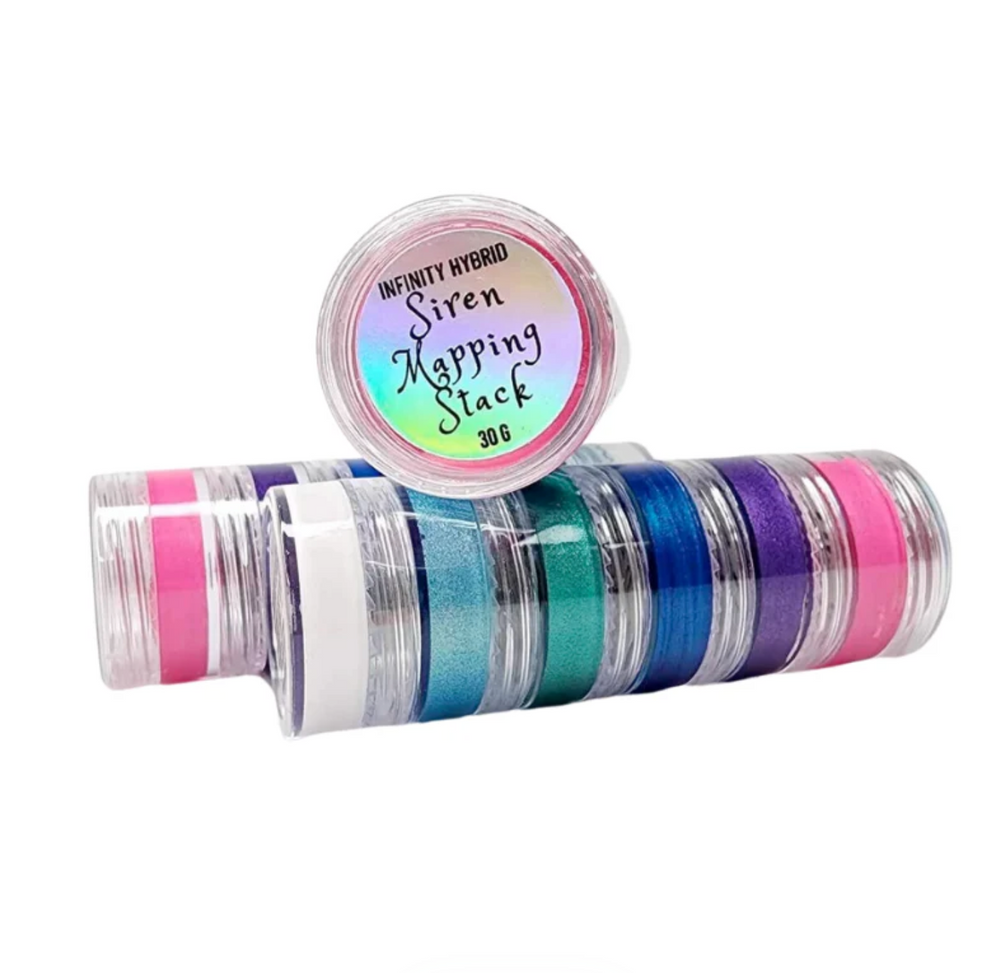 A stack of round containers with vibrant colors called the "Infinity Hybrid Metallic Mapping Stack - 6pk" by Lash Tribe features shades like pink, blue, and green—ideal for enhancing your brow artistry.