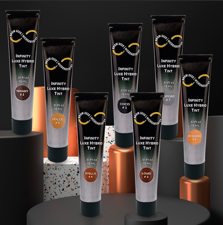 A group of tubes of Infinity Luxe Hybrid Brow Tint KIT | Brow Tint and Lash Tint Cream Color | Bronze Kit by Lash Tribe on a black background.