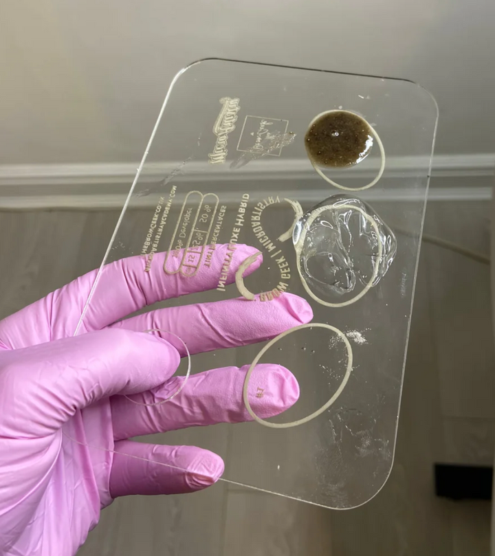 a person holding up a clear plastic INFINITY LIFT & TINT PALETTE by Lash Tribe, which is used for eyebrow and lash lifting.