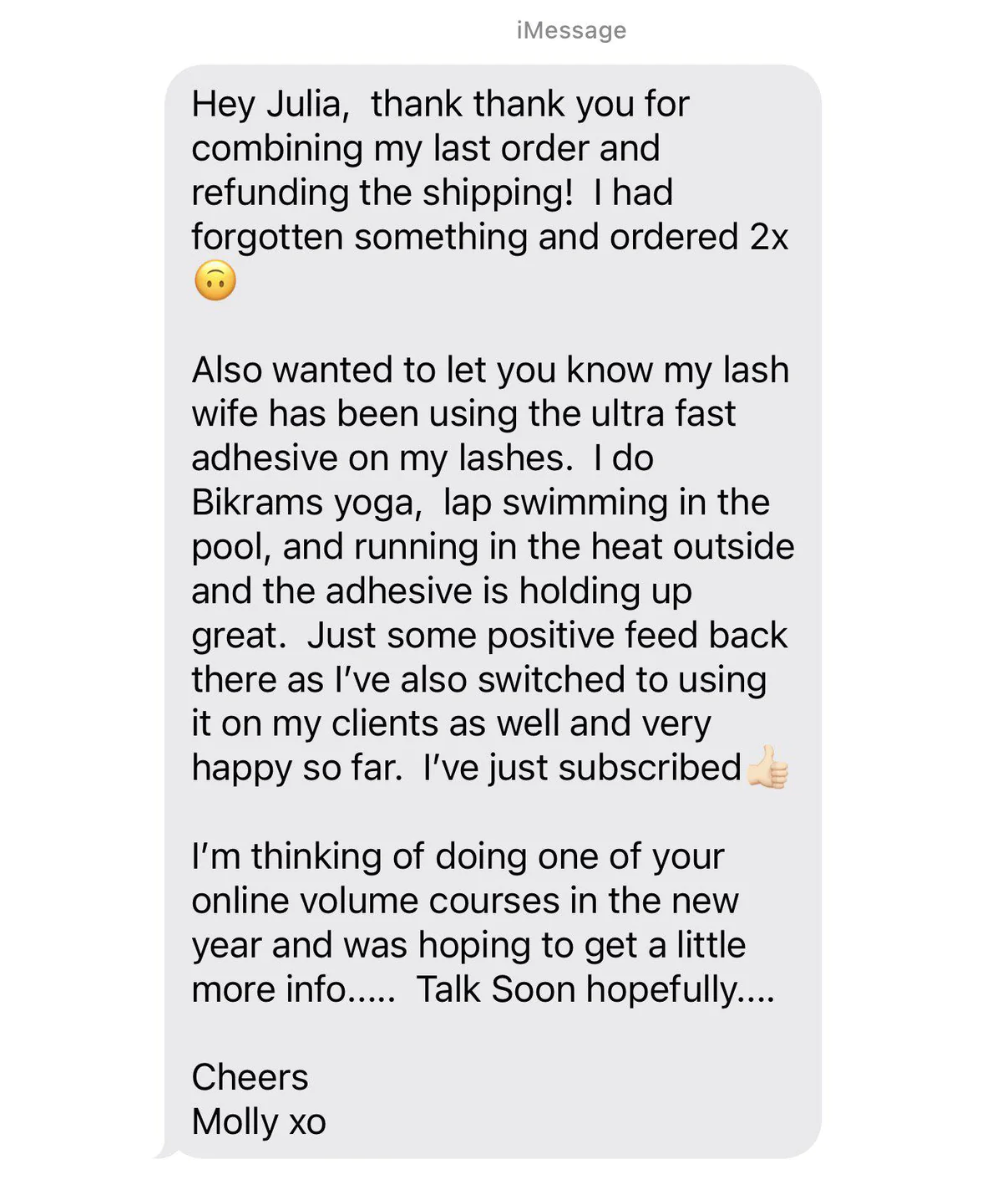 a text message from a customer with a thank you message about the Eyelash Adhesive Bundle | 3 Lash Tribe™️ Lash Glues for Eyelash Extensions from lash tribe.