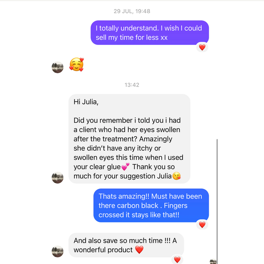 A lively text chat screenshot shows a heartfelt emoji exchange. One person thanks their friend for recommending the Lash Glue Bundle by Lash Tribe, noting reduced symptoms. The friend joyfully responds, glad to have suggested the adhesive.