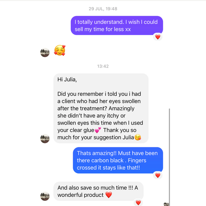 A lively text chat screenshot shows a heartfelt emoji exchange. One person thanks their friend for recommending the Lash Glue Bundle by Lash Tribe, noting reduced symptoms. The friend joyfully responds, glad to have suggested the adhesive.