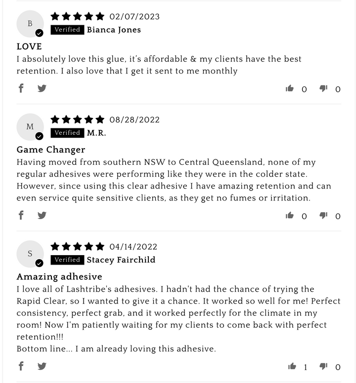 A screenshot of a review on the Lash Tribe Rapid Clear Adhesive | Clear Lash Glue for Eyelash Extensions phone screen.