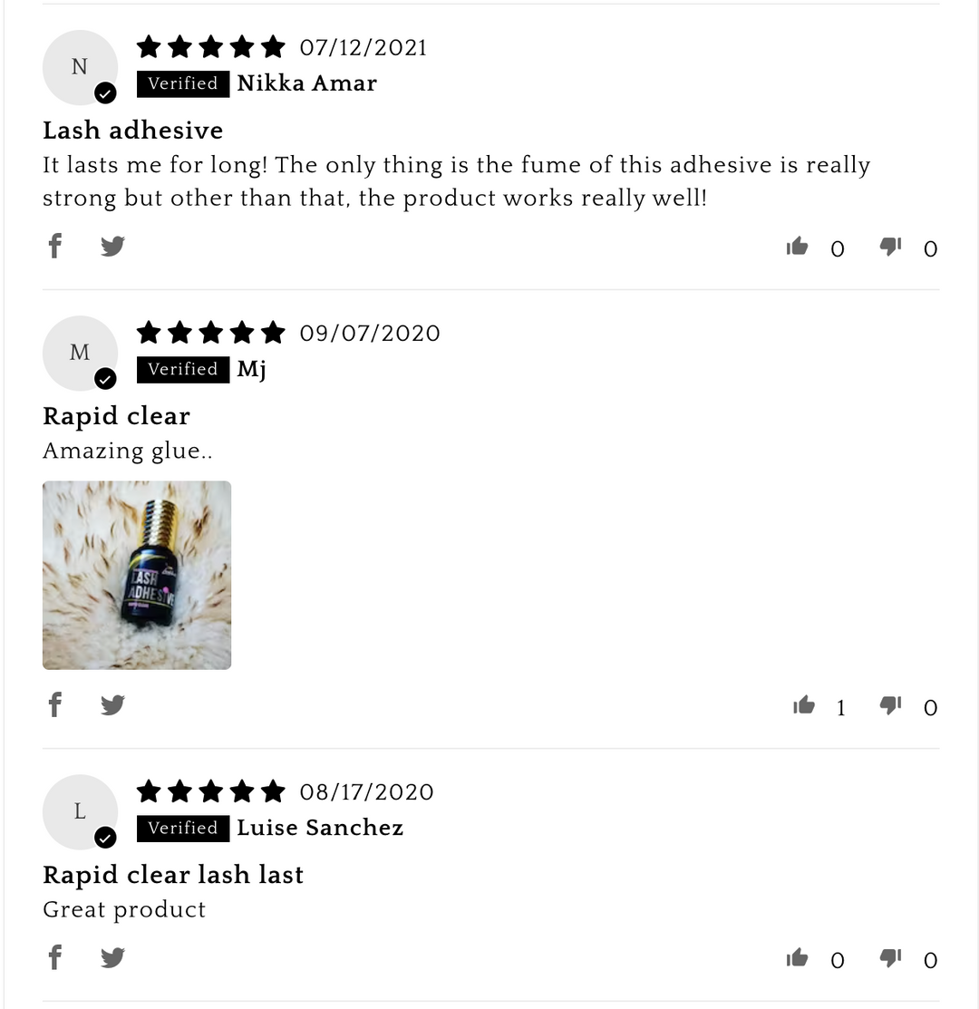 A screenshot of a review page for Lash Tribe Rapid Clear Adhesive | Clear Lash Glue for Eyelash Extensions by Lash Tribe.