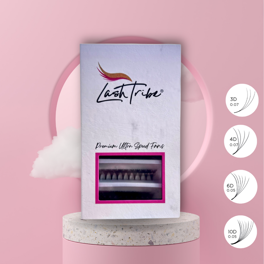 a package of Lash Tribe's Ultra Speed Premade Volume Fans | Long Stem | Ultra Black eyelash extensions on a pink background.