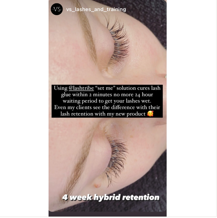 A photo of a woman with long lashes using the RETENTION HERO BUNDLE | Prep Me & Set Me Superbonder by Lash Tribe.