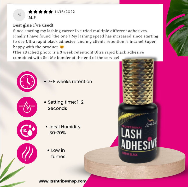 A bottle of Lash Tribe Rapid Black Adhesive, also known as Lash Tribe lash glue for eyelash extensions, on a table.