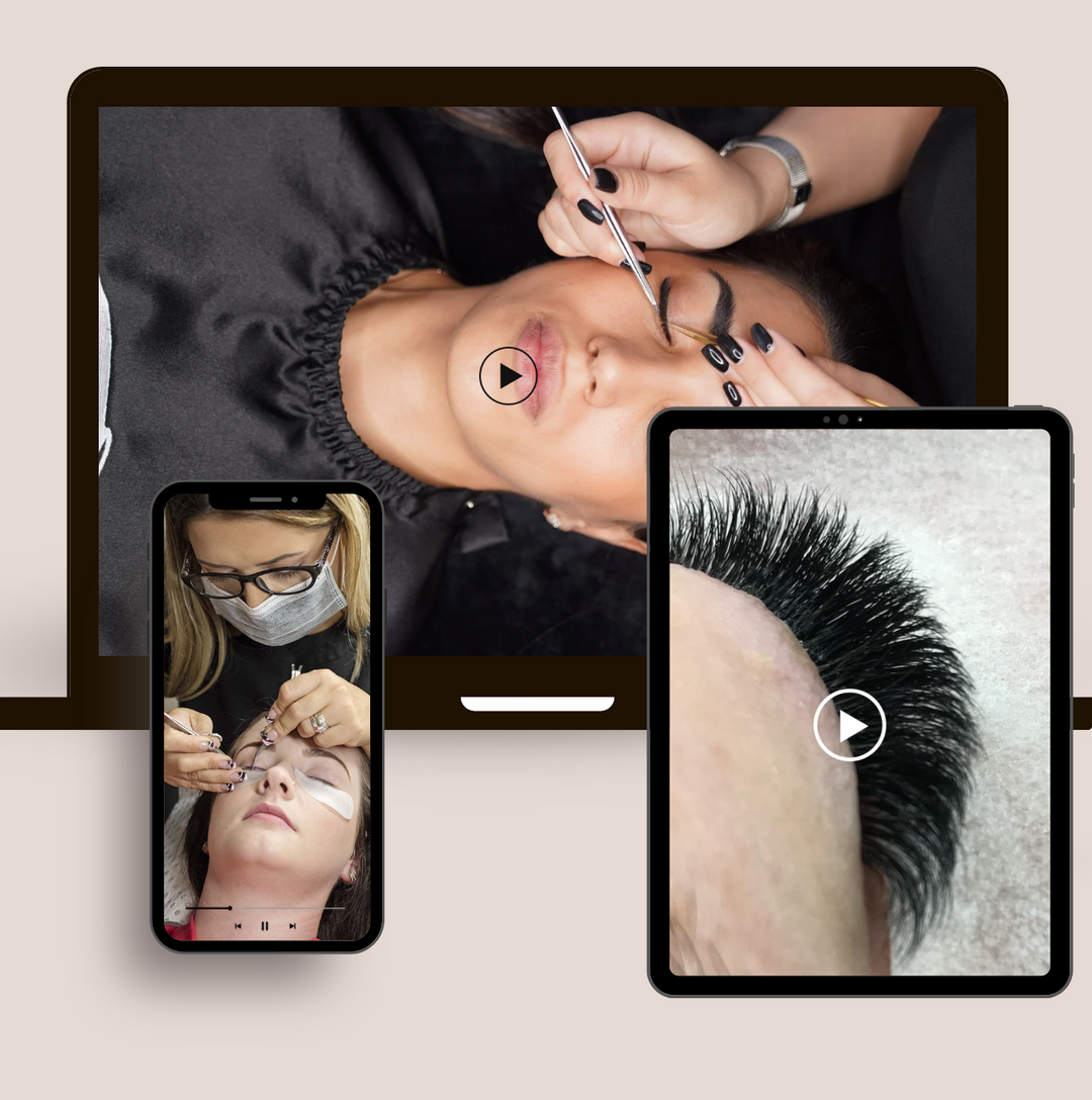 A certified Lash Artist's eyelashes are shown on a tablet, promoting the Lash Tribe KICK START Bundle | 3 in 1 Online Lash Course offered by Lash Tribe.