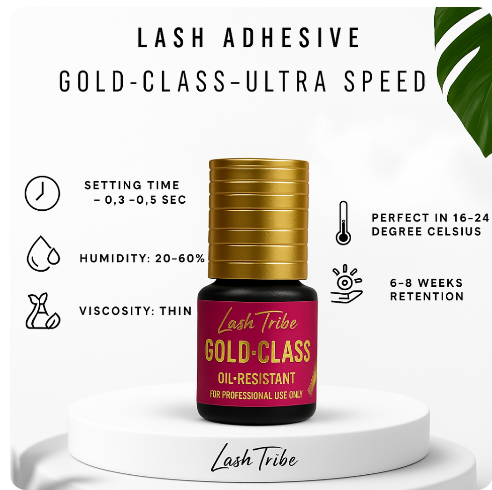 The Gold Class 0.3 Seconds Ultra Speed Adhesive by Lash Tribe is elegantly displayed on a white platform, showcasing its ultra-fast setting and oil-resistant formula, with text emphasizing its 0.3-second setting time, humidity range, viscosity, optimal temperature, and impressive retention period.
