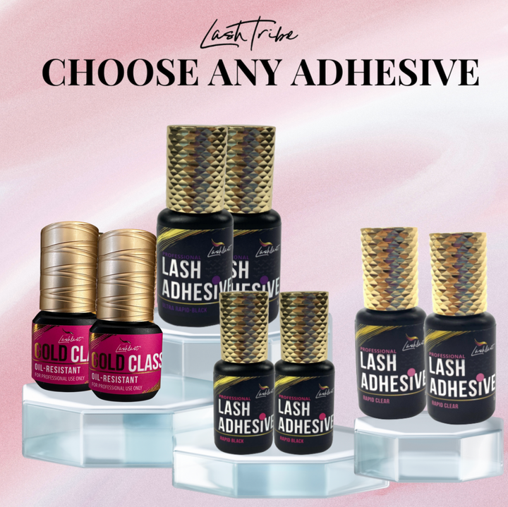 Elegantly displayed on clear stands, the Lash Glue Bundle by Lash Tribe offers a selection of their eyelash extensions adhesives, inviting you to choose any adhesive.