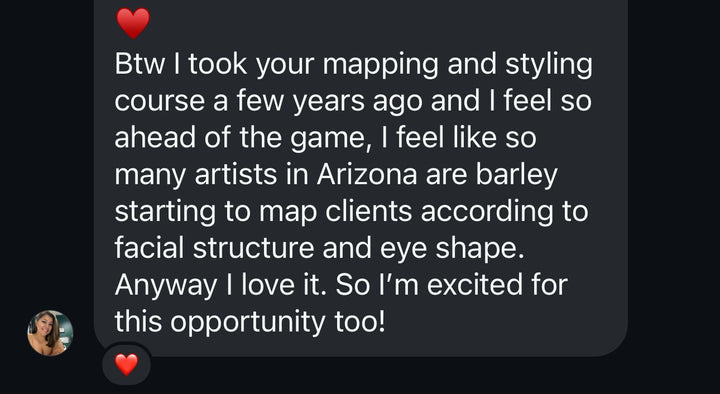 A text message that reads, Lash Retention Online Course by Lash Tribe took my mapping and styling course new year and feel ahead of the game. NALA accredited.