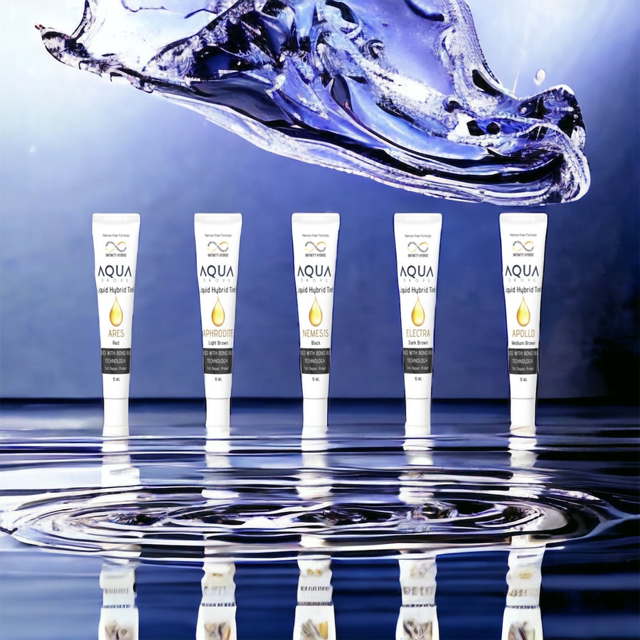 Five tubes of Lash Tribe Infinity Aqua Drops, Hybrid Brow Tint, Single Tubes on a blue background.