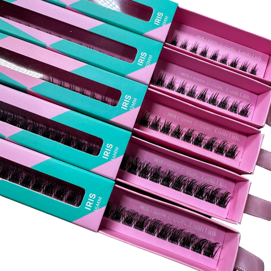 Explore the SPIKEY VOLUME by Lash Link, featuring IRIS LASH EXTENSIONS RIBBON in teal and pink boxes with lengths from 10mm to 16mm, perfect for achieving that desired spike volume.