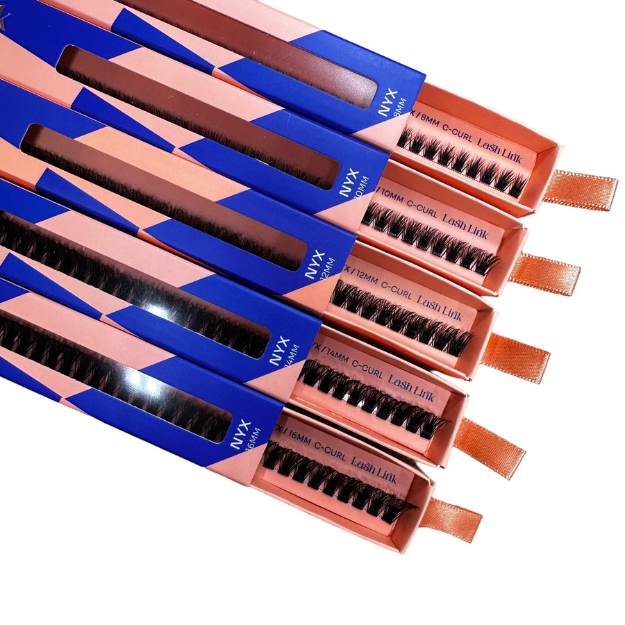 Six packs of Lash Link false eyelashes named "FULL VOLUME" from NYX, in pink and blue packaging with clear windows displaying the Lash Extensions Ribbon.