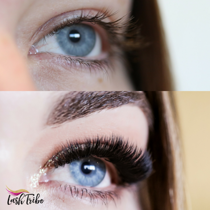 A woman's eyelashes undergo a transformative makeover with the application of Lash Tribe's 0.07 Russian Volume Lashes, achieving an ultra black and premium silk appearance.