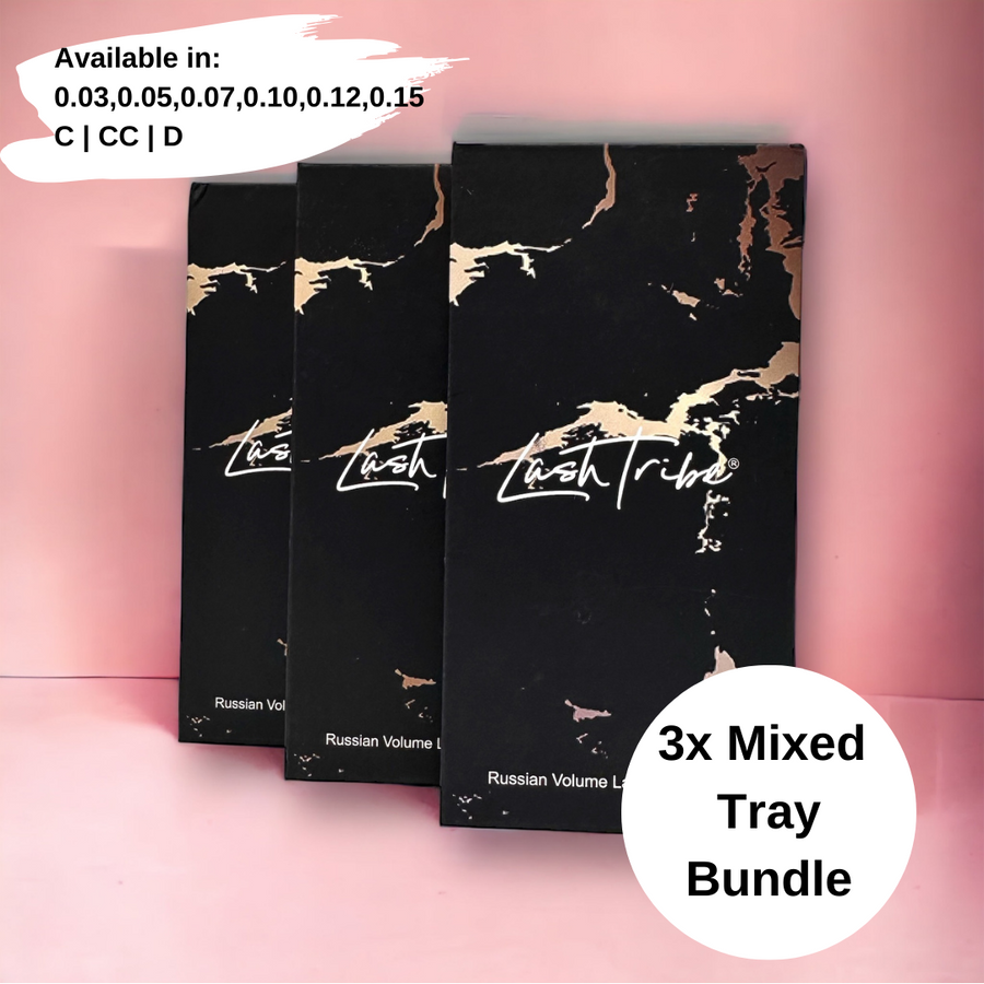 A Lash Tribe Mixed Lash Tray Bundle featuring ultra-black lashes with varying lash thickness.
