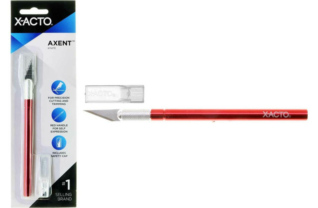 Image of a red Lash Tribe X-ACTO Knife with a soft comfort grip and safety cap, alongside its packaging. The packaging highlights precision cutting and trimming features, ideal for precision art and craft projects. It also includes an additional safety cap.