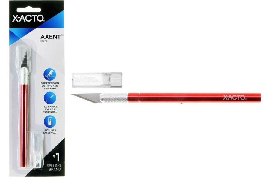 Image of a red Lash Tribe X-ACTO Knife with a soft comfort grip and safety cap, alongside its packaging. The packaging highlights precision cutting and trimming features, ideal for precision art and craft projects. It also includes an additional safety cap.