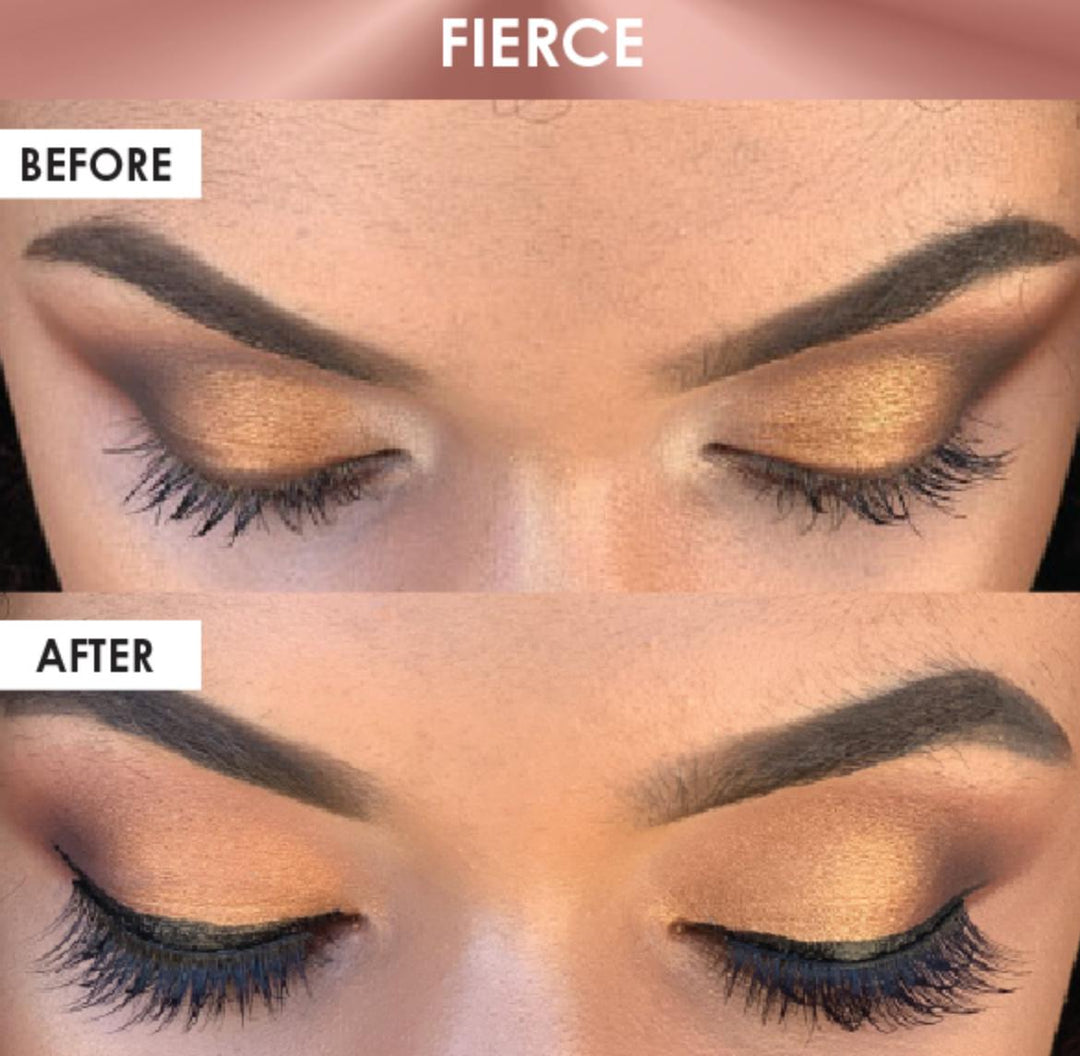 the before and after pictures of a woman's Silk Magnetic Lashes & Liner Kit by Lash Tribe.
