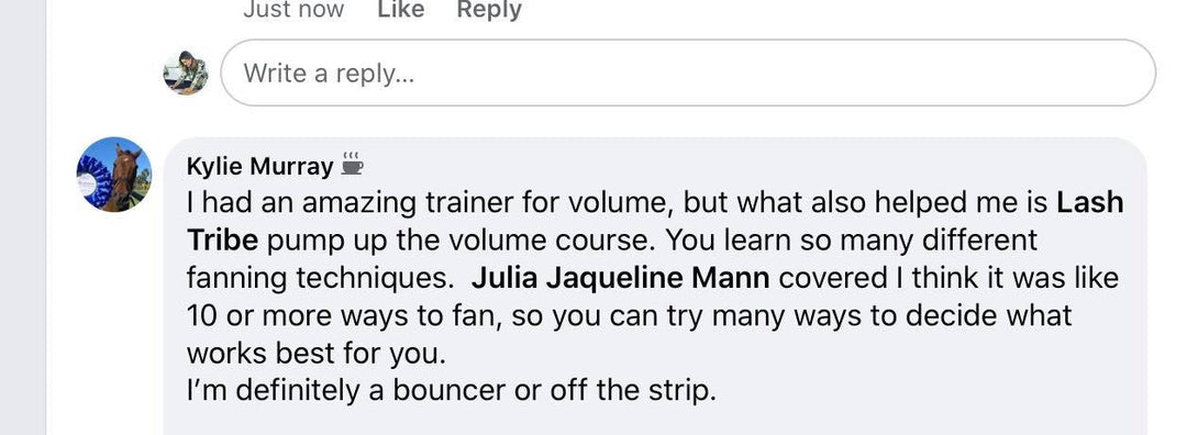 a screenshot of a Facebook page showing a message from Lash Tribe's Fan Perfection - Pump up the Volume | Online Course.