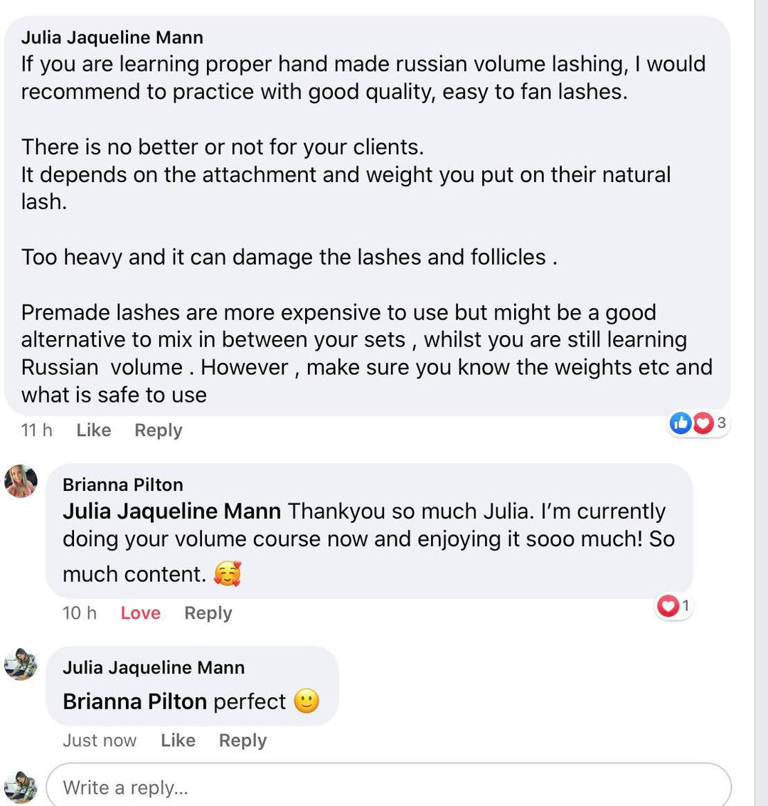 A screenshot of the Hand-Made Russian Volume Eyelash Online Course by Lash Tribe on facebook.