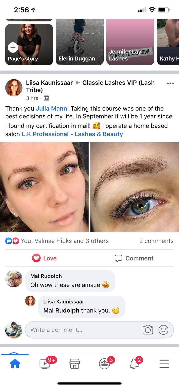 a woman's facebook page with a picture of "Classic Beginners Fundamentals | Online Eyelash Extension Course" by Lash Tribe.