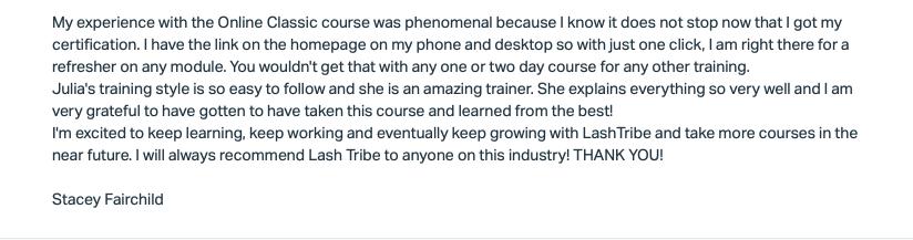An example of a letter of recommendation for the Classic Beginners Fundamentals | Online Eyelash Extension Course by Lash Tribe.