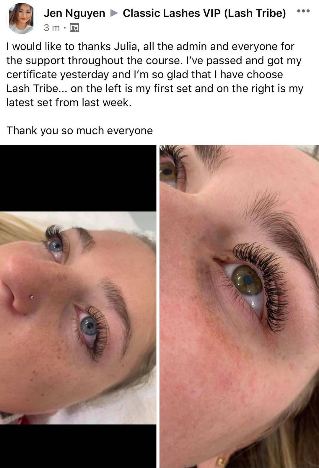 a photo of a woman's eyelashes before and after the Classic Beginners Fundamentals | Online Eyelash Extension Course by Lash Tribe.
