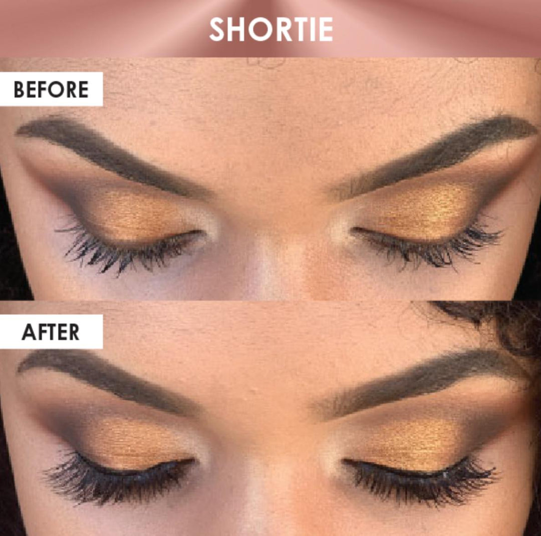 Before and after pictures of a woman's eyelashes using the Silk Magnetic Lashes & Liner Kit from Lash Tribe.