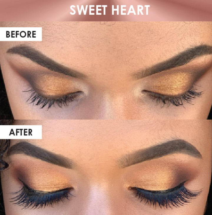 The before and after pictures of a woman's Silk Magnetic Lashes, from the Lash Tribe brand.