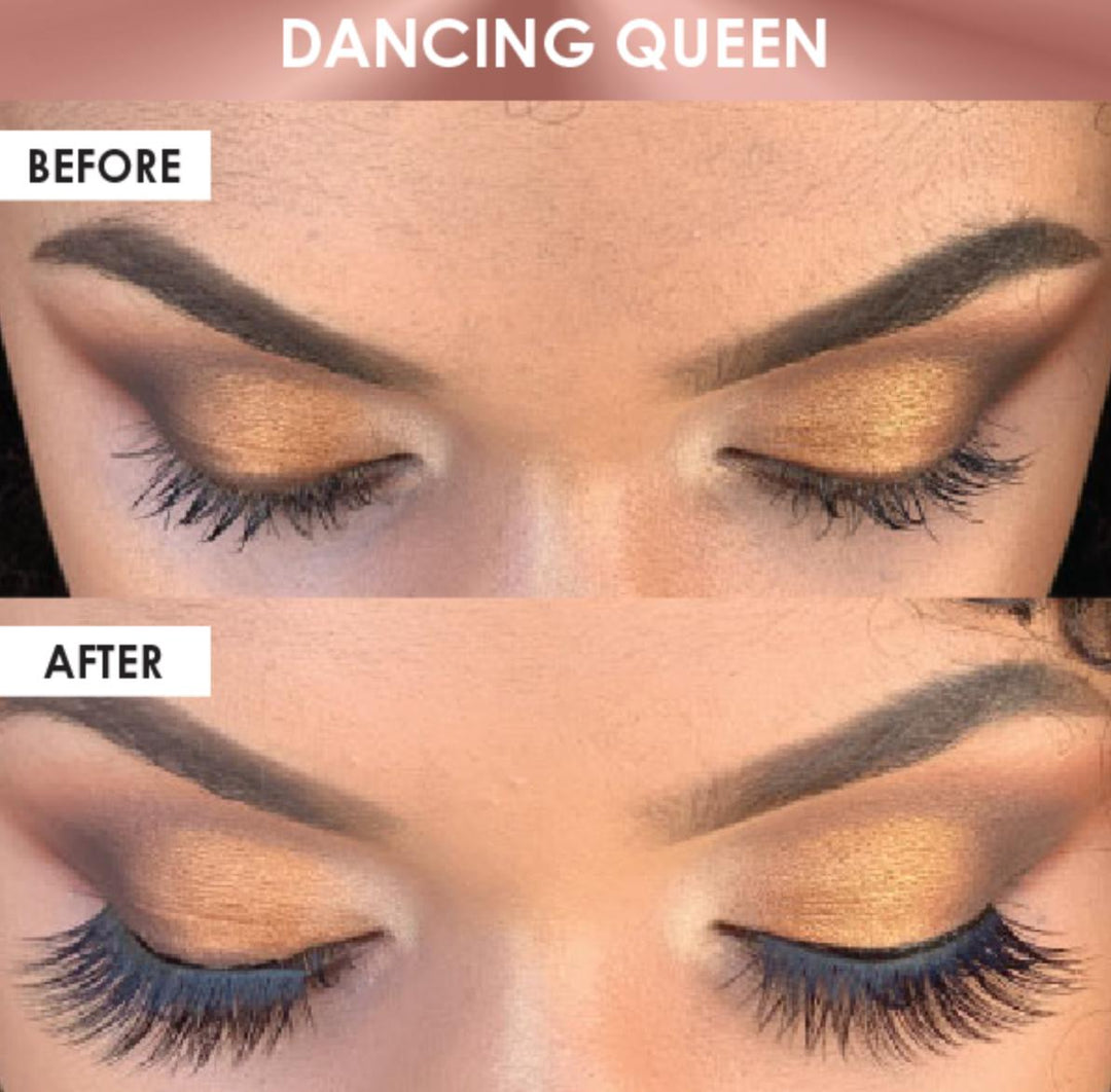 the before and after of Lash Tribe Silk Magnetic Lashes & Liner Kit.