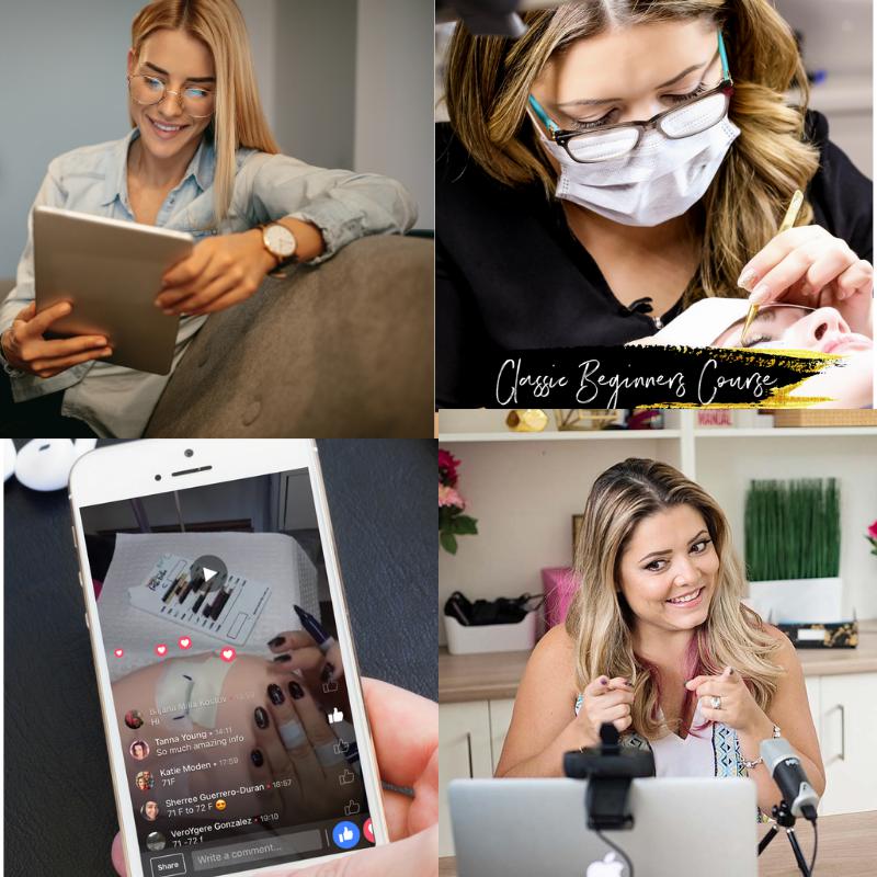 a collage of pictures of a woman using her Classic Beginners Fundamentals | Online Eyelash Extension Course from Lash Tribe.