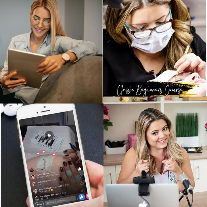 a collage of pictures of a woman using her Classic Beginners Fundamentals | Online Eyelash Extension Course from Lash Tribe.