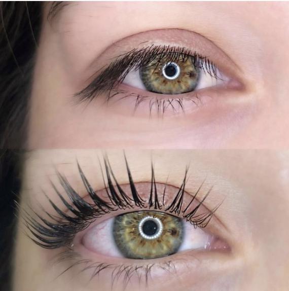 A woman's eyelashes before and after Elleebana lash extensions.