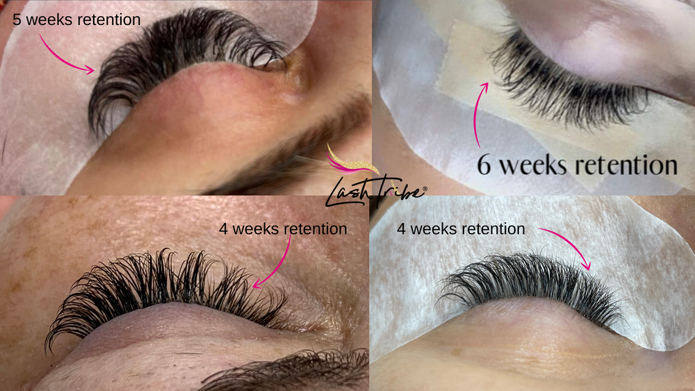 A series of photos showing the process of Lash Tribe Retention Secrets lash extensions.