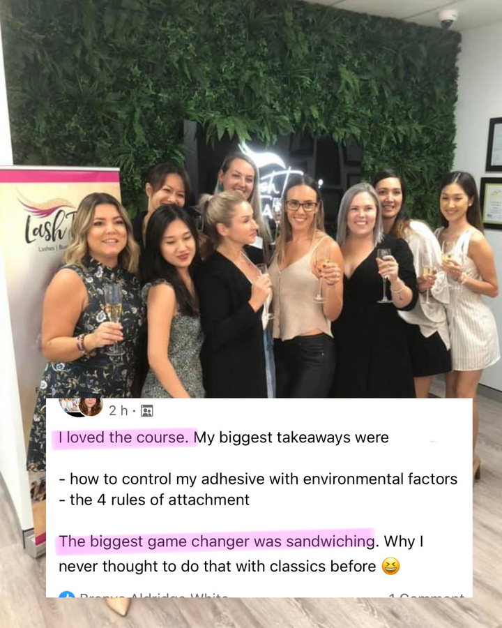 A group of women are posing for a photo featuring Retention Secrets by Lash Tribe.