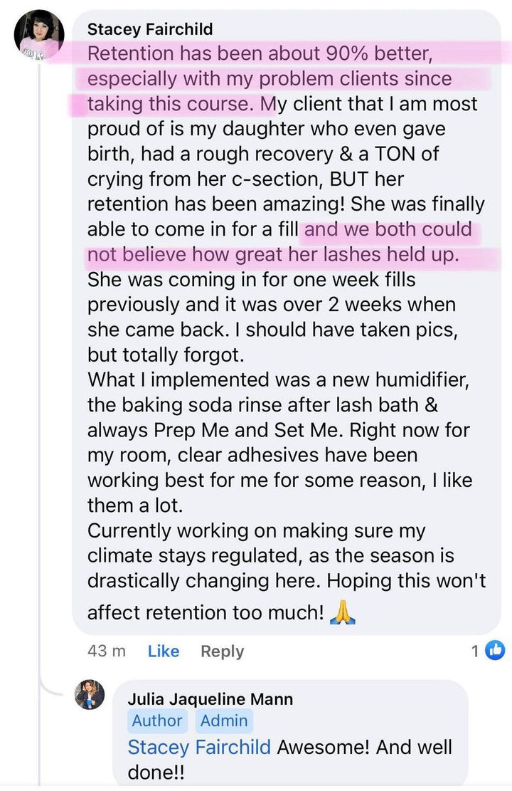 A screenshot of a text message from a customer about Retention Secrets by Lash Tribe.