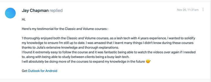 a screenshot of an email with a Lash Tribe KICK START Bundle | 3 in 1 Online Lash Course blue background.