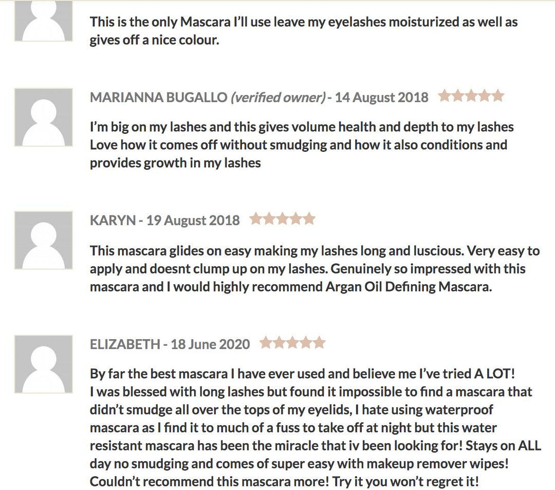 a screenshot of a customer review for Silk Oil of Morocco's Argan Oil Defining Mascara product.