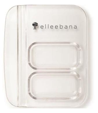 A clear plastic container with the word Elleebana 2 in 1 Mixing Dish on it.