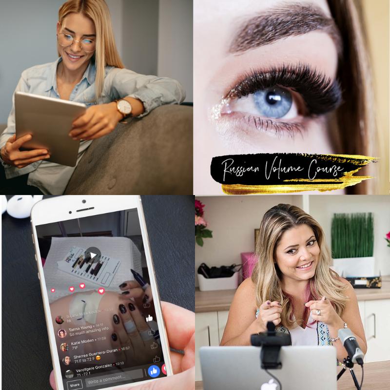 A collage of pictures of a woman using the Hand-Made Russian Volume Eyelash Online Course by Lash Tribe and a laptop.