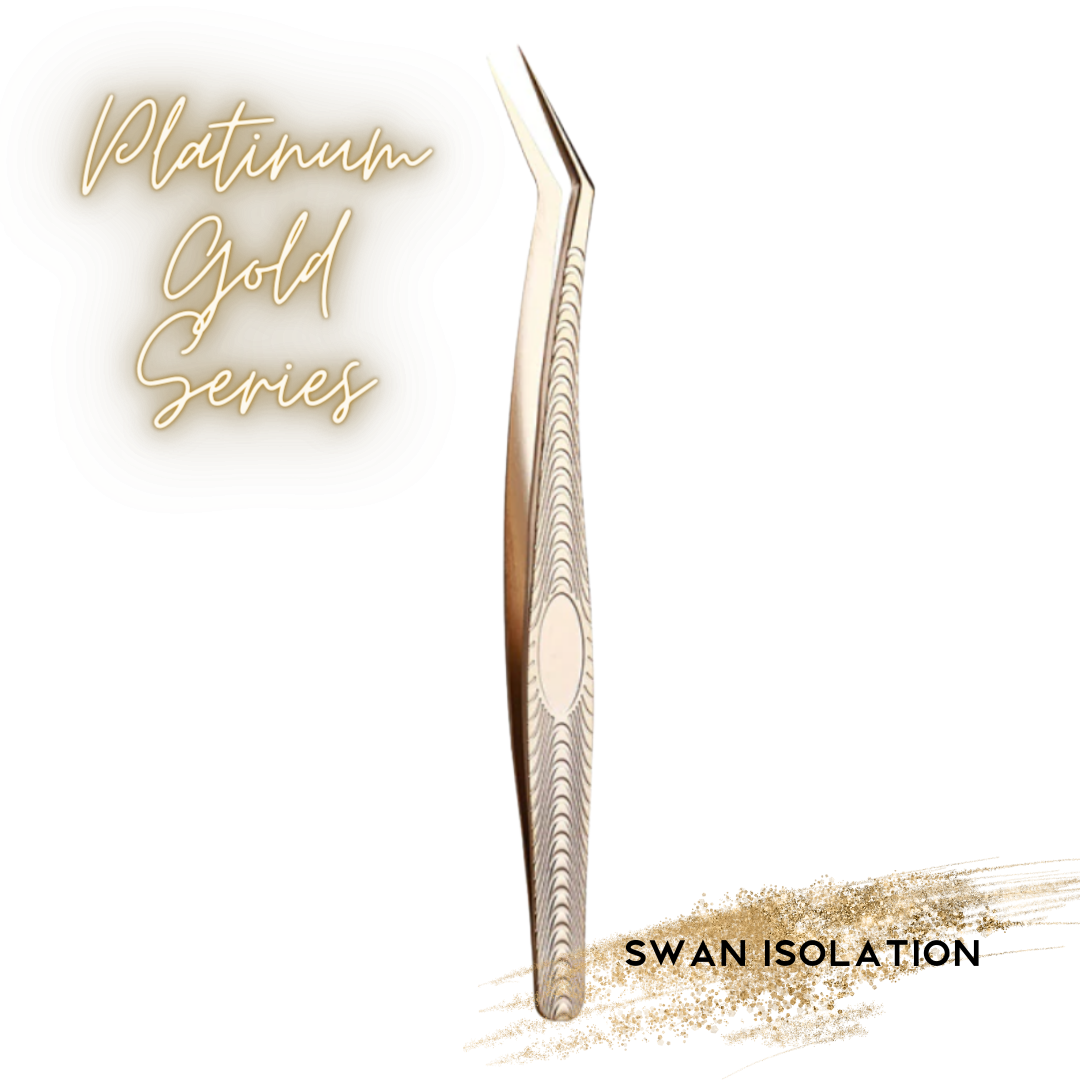 A pair of Platinum Gold Series - The Ultimate Tweezer Collection by lash tribe, customisable swan-shaped brow tweezers on a white background.