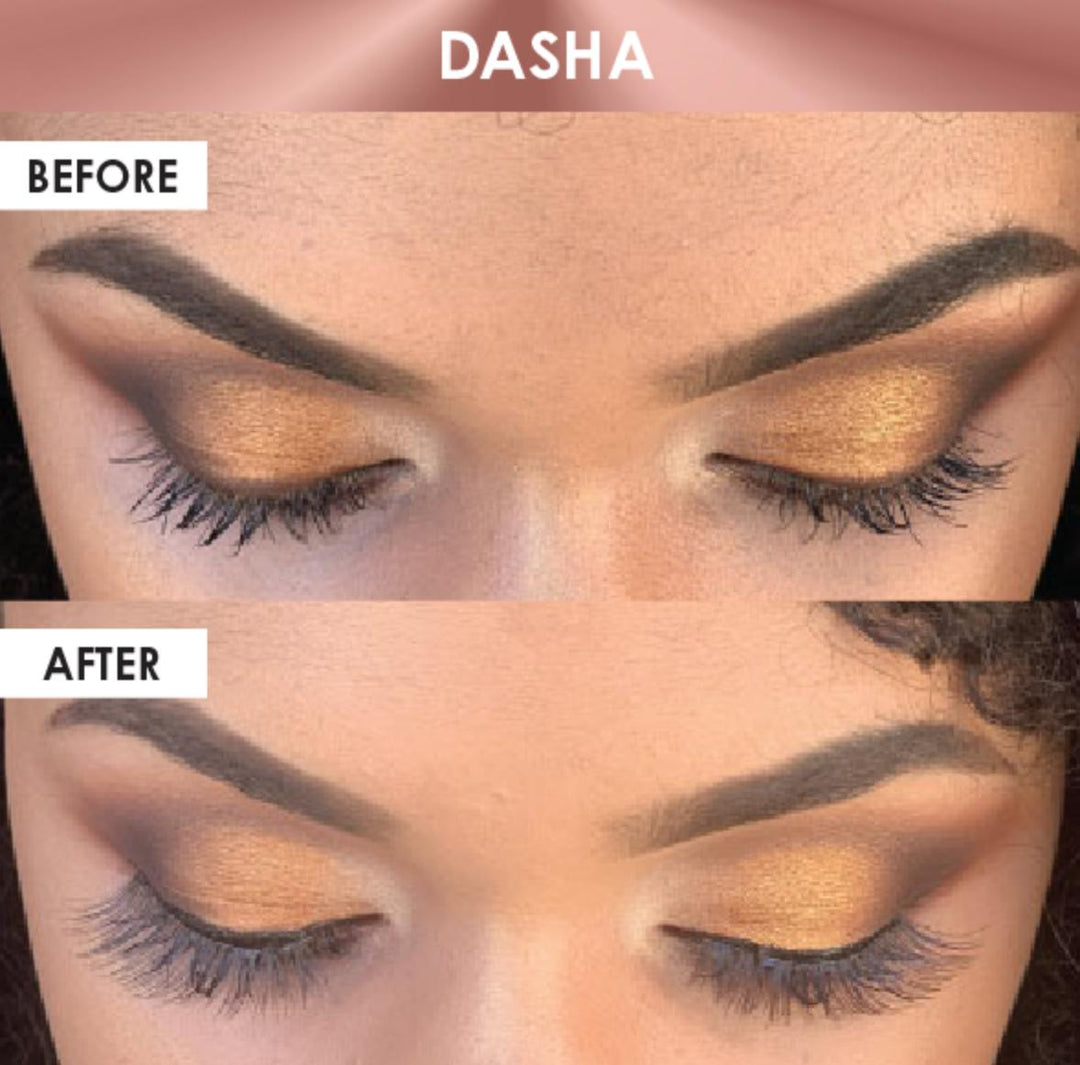 A woman's eyelashes before and after Lash Tribe's Silk Magnetic Lashes & Liner Kit.