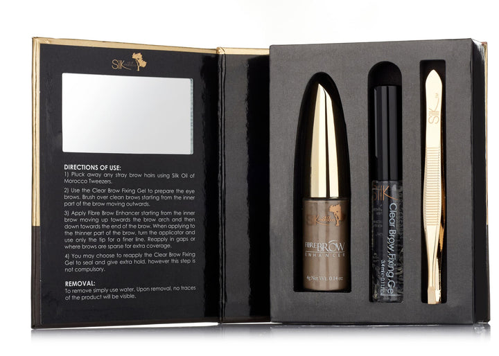 A black box with Lash Tribe's Fibre Brow Enhancer Kit, including a gold eyeliner, mascara, and brow pencil.