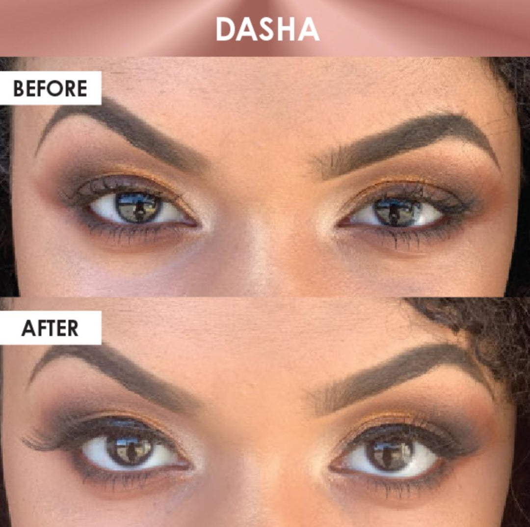 Before and after pictures of a woman's eyes wearing the Silk Magnetic Lashes & Liner Kit by Lash Tribe.