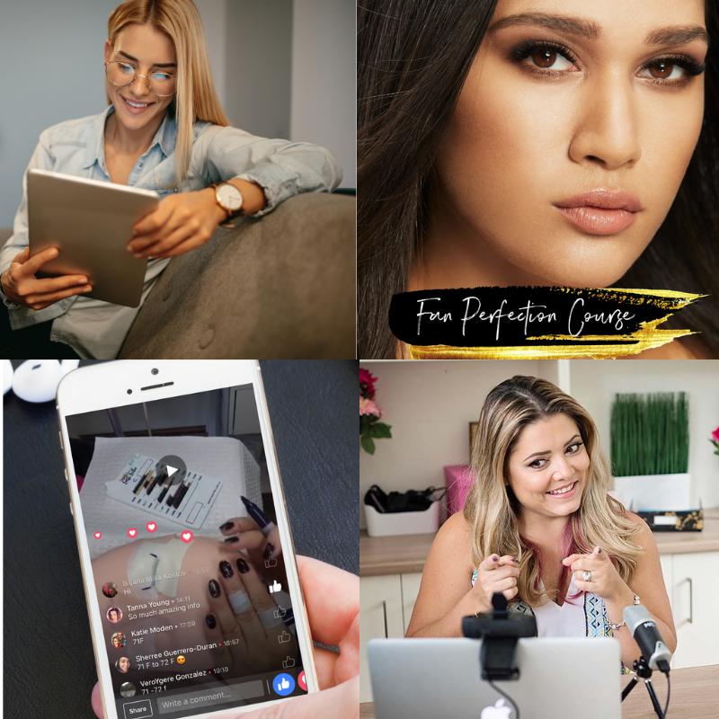 a collage of photos of a woman with a Fan Perfection - Pump up the Volume | Online Course laptop and a cell phone by Lash Tribe.