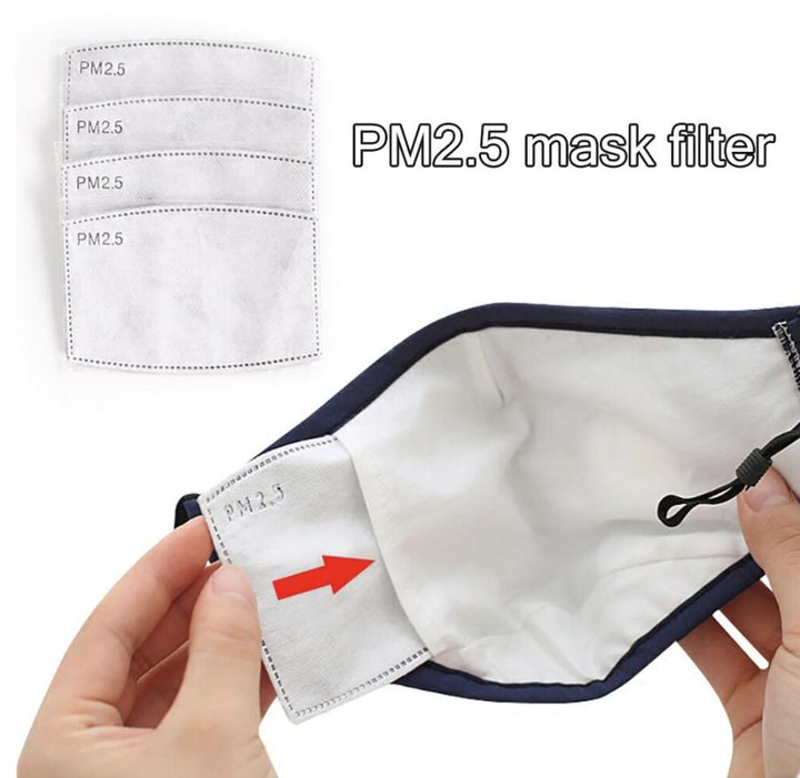 A person holding a Lash Tribe Reusable Carbon Filter Mask with Carbon Filters, with an arrow pointing to it.