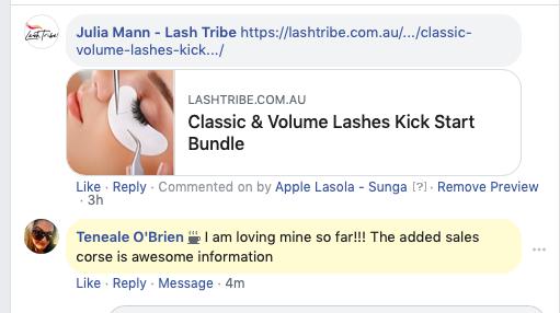 a screenshot of a Lash Tribe KICK START Bundle | 3 in 1 Online Lash Course Facebook page.