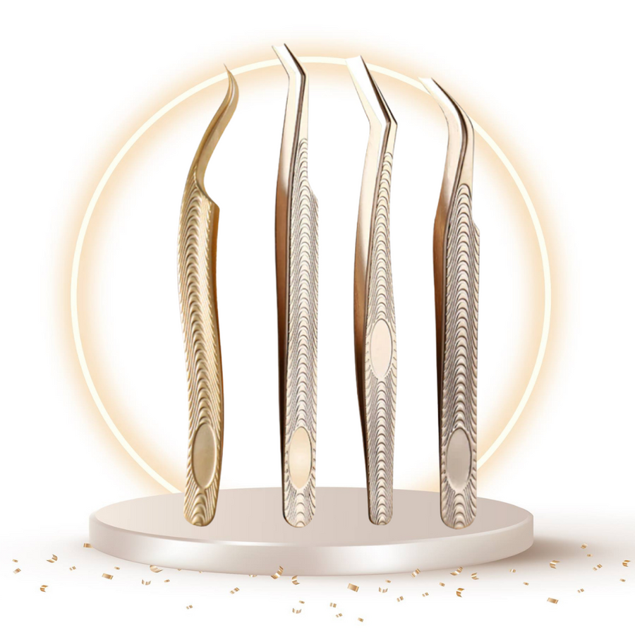 Four Platinum Gold Series - The Ultimate Tweezer Collection non slip tweezers on a stand by lash tribe.
